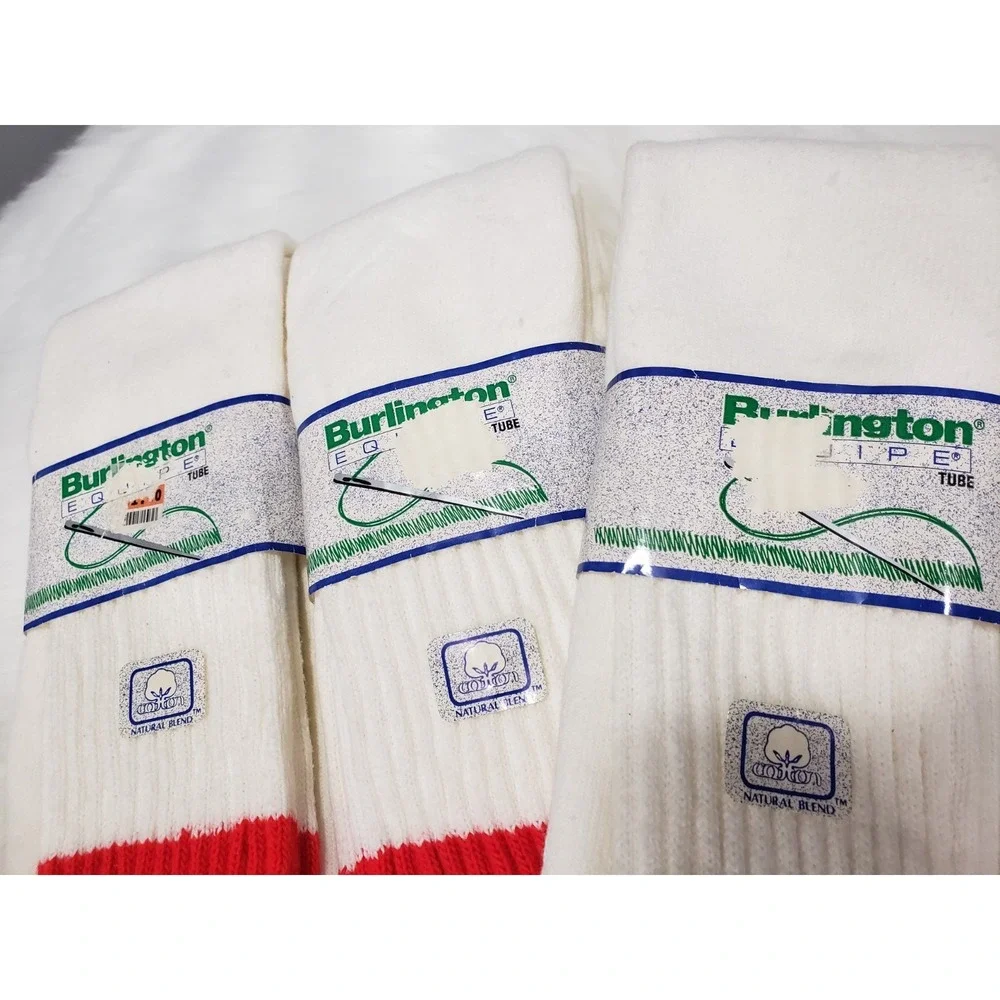 NEW 4 PAIR DEADSTOCK 1980s red blue white TUBE SOCKS burlington equipe mens 6-14